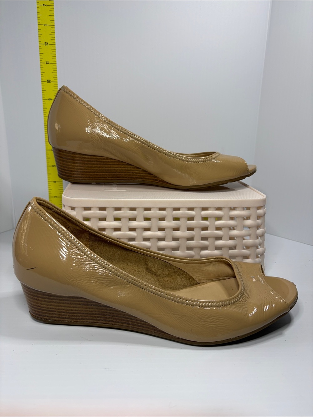 Cole Haan Nude Patent Wedge Peep-Toe Pumps
